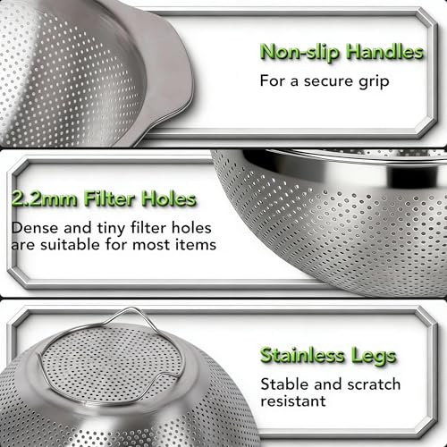 304 Stainless Steel Colander, 2.5 QT Capacity and 2.5 QT Mixing Bowl, Micropore Strainer for Washing Rice, Fruit, and Veggies, Perfect Draining for Cooked Pasta - size: 2.5QT+2.5QT