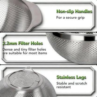304 Stainless Steel Colander, 2.5 QT Capacity and 2.5 QT Mixing Bowl, Micropore Strainer for Washing Rice, Fruit, and Veggies, Perfect Draining for Cooked Pasta - size: 2.5QT+2.5QT