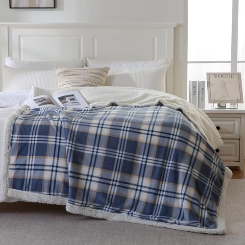PU MEI Sherpa Blanket Queen Plaid Thick Bed Blanket, 80”*90” Super Soft Flannel Fuzzy Fleece Reversible Velvet Plush Warm Blanket for Couch (Blue White Check) - color: Blue White Check, size: 80"*90"