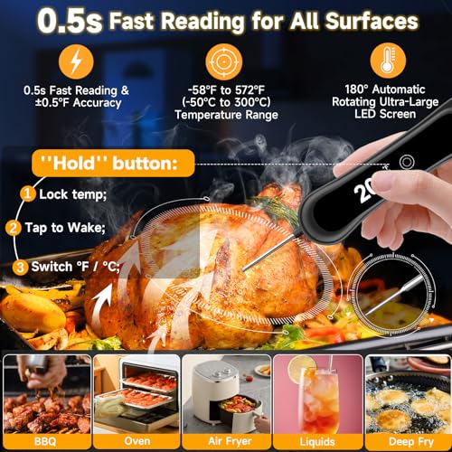 Instant Read Thermometer, 3in1 Touchscreen Food Thermometer, 180° Rotatable LED Display Digital Meat Thermometer