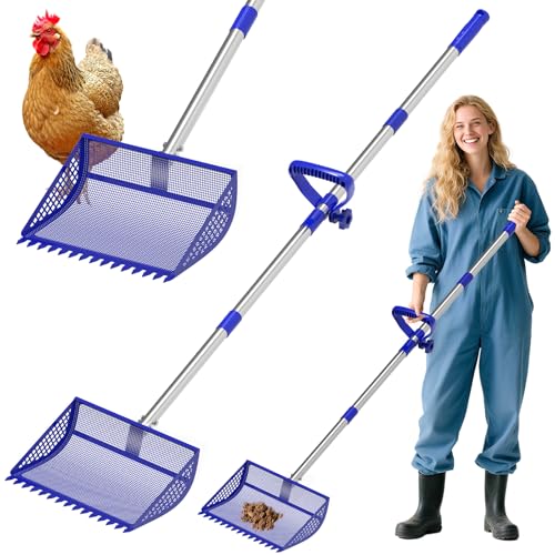VEEMI Chicken Poop Scooper Rake 2-in-1,304 Stainless Steel Shovel Head, Chicken Litter Scoop with Handle for Chicken Coop for Sand, Pet Waste Cleaning, Litter Sifting Shovel (35 to 65") - color: Blue