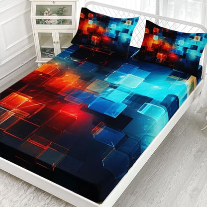 Blue Geometric Cubes Printed Twin Sheets Set 4 Pcs Bed Sheet for Teens,Boys,Girls,with 1 Flat and 1 Fitted Sheet + 2 Pillowcases - color: Geometric Cube, size: Twin 67x97 inches
