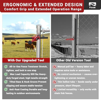 Chain Link Fence Stretcher Tool, Ratcheting Wire Fence Tightener & Puller for Woven Wire Fence, 3″–12″ Tension Range, 5° Tilted Base & Hooked Groove, One-Hand Operation for Farm & Yard, Red - color: Red