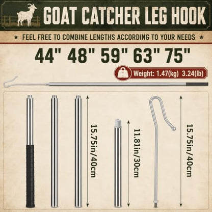 Goat Sheep Catcher Leg Hook, 44"-75" Adjustable 304 Stainless Steel Sheep Hook, Shepherd's Crook Animal Catch Pole with Rubber Grip, Calf Catcher Goat Grabber for Sheep, Goats, Lambs