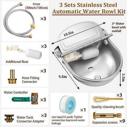 Tessco for you 3 Sets Automatic Animal Drinking Water Bowl, 304 Stainless Steel Livestock Waterer Dispenser for Dog Horse Goat Pig Cow, 4l/135oz with Float Valve and Water Tank, Drinking Trough