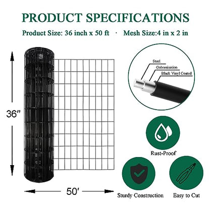 Black PVC Coated Welded Wire Fence 36" x 50' Roll, 2"x4" Mesh, 14 Gauge - color: Black, size: 2''x4'' 14GA 36''x50'