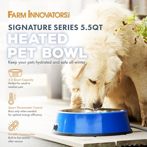 Farm Innovators SB-60 Signature Series 5.5 Quart Electric Heated Pet Water Bowl with Stainless Steel Insert, Thermostatic Control, 60 Watt | Durable Watering Station with Anti-Chew Cord Protector for Dogs and Cats, Supporting Reliable Winter Hydration