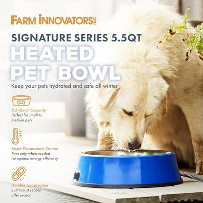 Farm Innovators SB-60 Signature Series 5.5 Quart Electric Heated Pet Water Bowl with Stainless Steel Insert, Thermostatic Control, 60 Watt | Durable Watering Station with Anti-Chew Cord Protector for Dogs and Cats, Supporting Reliable Winter Hydration