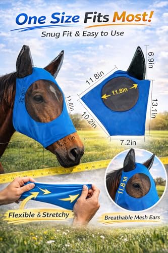 Horse Fly Mask - Arab Equine Fly Mask with Full Coverage for Eye & Ear - Stretchable, UV & Sun Protection Flymask for Horses, Ponies & Mini Horses - Horse Face Cover for Pasture & Trail - 3pack