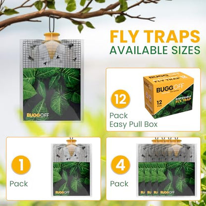 BUGGOFF - 4 Pack Outdoor use only, Disposabe Hanging Fly Traps with Natural Pre-Bait, Catches Flyes everywhere anywhere, Stables, Ranches, Cottages and More. Discrete design, Easy fill and hang setup!