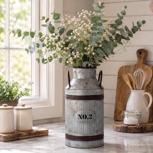 2 Pcs 15.2'' Large Rustic Galvanized Metal Milk Can Vase with Handle