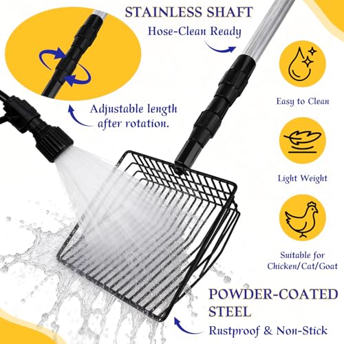 DAMAH 2-in-1 Chicken Poop Scooper & Rake, Adjustable 23-46" Stainless Steel Handle, Litter Scooper & Sand Sifting Shovel for Chicken Coop Goat Stall and Stable Cleaning