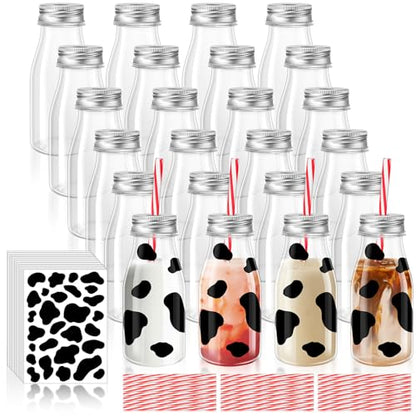 SiliFine 24 Set 7 oz Mini Milk Bottles with Straws Lids, Cow Print Stickers