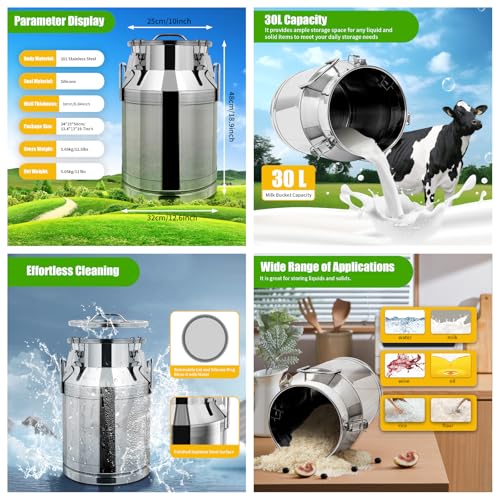 Milk Can 30L/7.93gal, Stainless Steel Liquid Pail with Airtight Lid, Large Capacity Food Storage Container for Grain, Oil, Tabletop/Freestanding Commercial/Home Kitchen Round Rice Bucket, 12.6*18.9in - size: 30L/7.93Gal