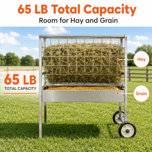 Hay and Grain Feeder, Freestanding Farm Feeder for Goats & Sheep