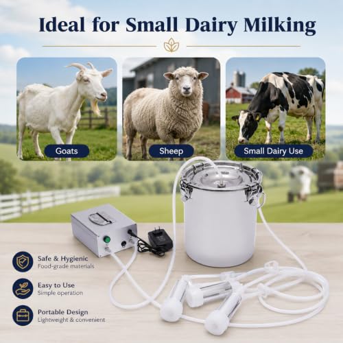 5L Goat Milking Machine with Rechargeable Battery for Milk Cow Home Farm | Portable Electric Speed ,Adjustable Suction Pulsating Vacuum Pump,Stainless Steel Milk Machine Bucke