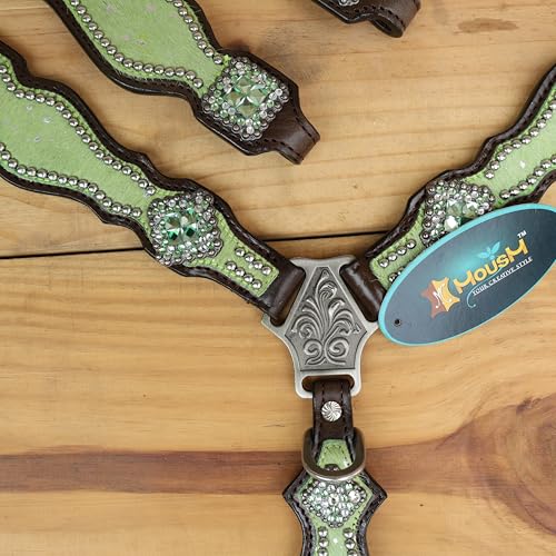 Western Leather Headstall & Breast Collar Set for Horses - Valentine’s Day Silver Metallic Cowhide with Rhinestones - color: Lime Green