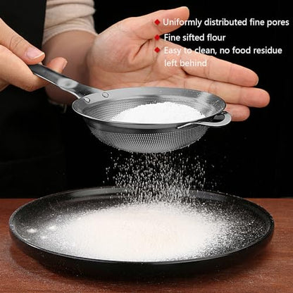 Collfa Punch Hole Sieve Fine Mesh Stainless Steel Small Colander Strainer With Handle Metal Micro Sifter Set of 2 for Kitchen Baking and Food Filter Rice,Tea,Pasta,Flour,Juice,Mini 3.55 and 4.33 Inch