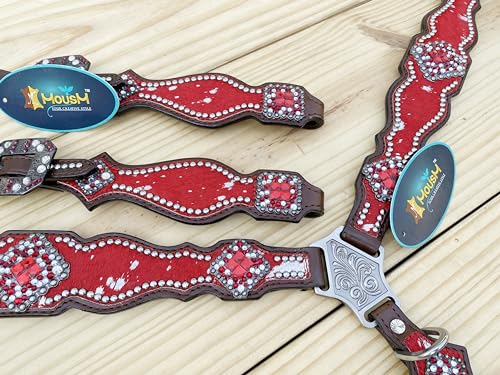 Western Leather Headstall & Breast Collar Set for Horses - Valentine’s Day Silver Metallic Cowhide with Rhinestones - color: Red