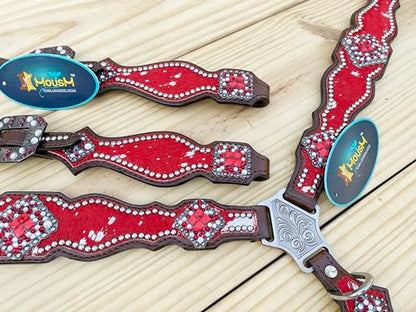 Western Leather Headstall & Breast Collar Set for Horses - Valentine’s Day Silver Metallic Cowhide with Rhinestones - color: Red