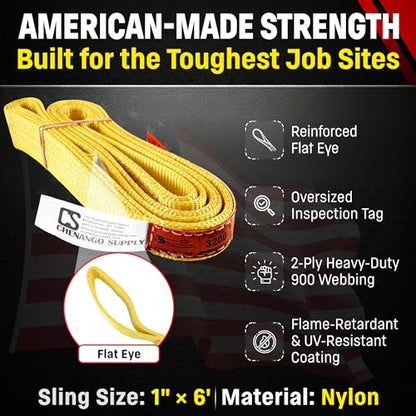 DD Sling 1 Inch x 6 Foot Nylon Lifting Sling – USA Made, 3,200 lb Vertical, 2,600 lb Choker, 6,400 lb Basket – 2-Ply Heavy Duty 900 Webbing, Type 3 Flat Eye & Eye Rigging Sling - size: 1"X6'