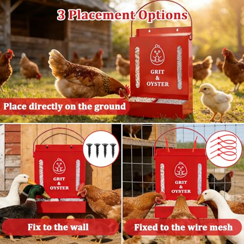 Oyster Shell and Grit Feeder Combo, Metal Chicken Feeder with Viewing Window/Lid, Hanging Gravity Chicken Grit Feeder, Coop Accessories for Healthier Hens and Eggs (Red) - color: Red