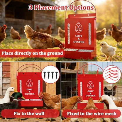 Oyster Shell and Grit Feeder Combo, Metal Chicken Feeder with Viewing Window/Lid, Hanging Gravity Chicken Grit Feeder, Coop Accessories for Healthier Hens and Eggs (Red) - color: Red