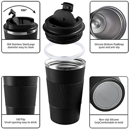 Insulated Travel Coffee Mug, Stainless Steel Coffee Cup with Leakproof Lid - color: Black, size: 17 Ounces