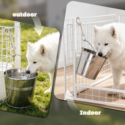 4 Pack 1 Quart Stainless Steel Hanging Pet Bucket with 4 Double End Snap Hooks, Heavy Dog Water Food Pail for Crate Kennel Cage, Rust Proof Farm Feeder Bowl for Dogs Cats Rabbit Chicken