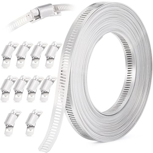 OURU 20FT Hose Clamps 304 Stainless Steel,DIY Metal Strap with 10 Fasteners - size: 20FT Metal Strapping+10 Fasteners