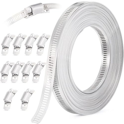 OURU 20FT Hose Clamps 304 Stainless Steel,DIY Metal Strap with 10 Fasteners - size: 20FT Metal Strapping+10 Fasteners