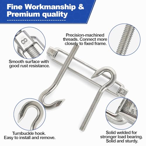 TooTaci 10PCS M8 Turnbuckle, 304 Stainless Steel Turnbuckle Hook and Hook | Turnbuckle Wire Tensioner, 440 lb Heavy Duty Adjustable Turnbuckles for Cables Wire, Cable Tightener, Trampoline, Tent, Tarps - size: M8 CC-10Pcs