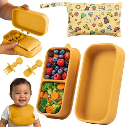Baby Travel Feeding Set with Silicone Suction Plates, Yellow Small - color: Yellow