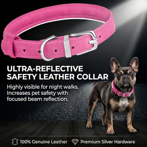 OOPSDOGGY Rolled Leather Dog Collar Reflective – Genuine Leather Round Dog Collar for Small Medium Large Dogs (Fuchsia, 12" – 15") - color: Fuchsia, size: 12" – 15"