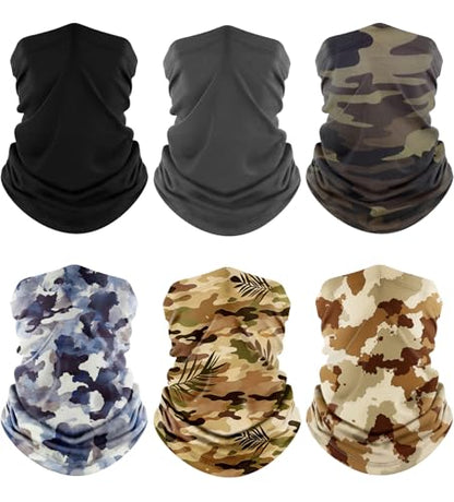 Fuinloth Neck Gaiter, 6 Pack Cooling UV Protection Bandana Face Mask Gator - color: Black+gray+camo+ink-blended Blue+jungle Leaf+camo Sand