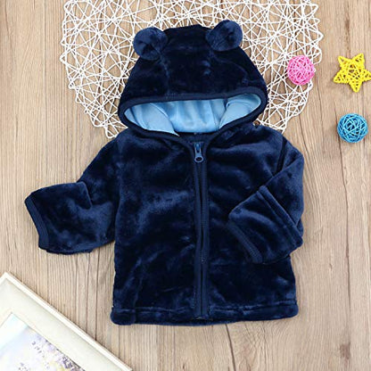 Noubeau Infant Baby Boys Girls Fleece Ears Hat with Lined Hooded Zipper Up Jacket Coat Tops Outwear Overcoat Warm Fall Winte - color: Blue, size: 12-18 Months
