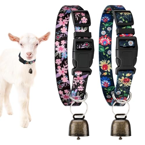 2 Pack Goat Collars with Bells, Pink/Black Floral Adjustable Set - color: Pink Printing + Yellow Printing