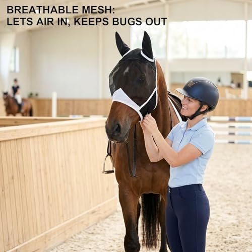 1PCS Fly Mask for Horses, Summer Turnout Protection with Enhanced Visibility, Breathable Mesh and Knit Fabric Design, Tangle-Free Fly Mask for Outdoor Riding and Stable Management (Full (Large))
