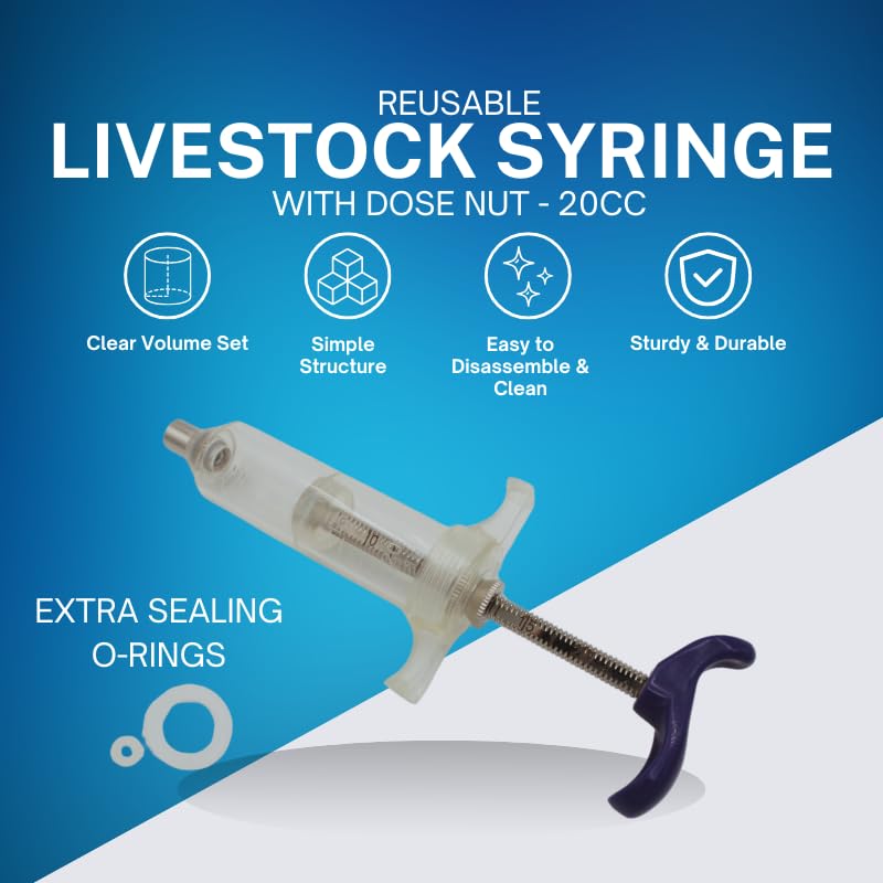 Reusable Veterinary Syringe with Dose Nut (20cc) – Durable Plastic Barrel - size: 20cc