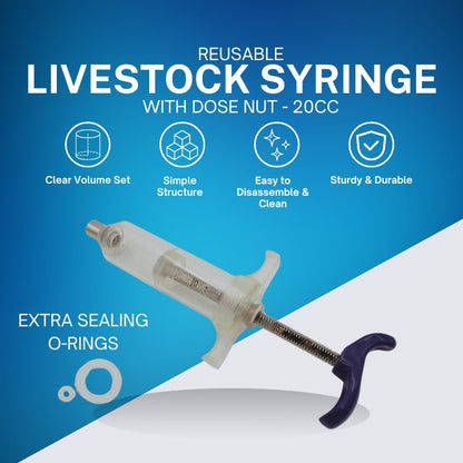 Reusable Veterinary Syringe with Dose Nut (20cc) – Durable Plastic Barrel - size: 20cc