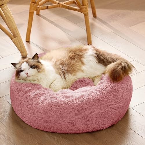 Bedsure Calming Cat Beds Donut Round Washable Kitten Bed,20 inches | Fluffy Faux Fur Cuddler,Anti-Slip Bottom,Anti-Anxiety,Deep Sleeping for Cats&Small Pets Up to 15 Lbs,Mauve Blush - color: Mauve Blush, size: 20"L x 20"W x 6"Th