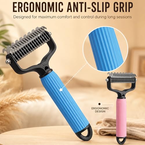2PCS Pet Grooming Combo - Blue Deshedding Brush with Metal Comb for Detangling and Dematting Long, Matted Fur on Cats and Dogs (2PCS-A) - color: 2PCS-A
