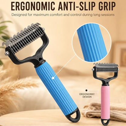 2PCS Pet Grooming Combo - Blue Deshedding Brush with Metal Comb for Detangling and Dematting Long, Matted Fur on Cats and Dogs (2PCS-A) - color: 2PCS-A