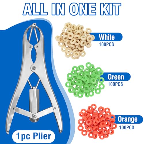 Goat Banding Kit Stainless Livestock Steel Expander Tool with 300pcs Rubber Bands and Expander Plier Balloon Expander Pliers Tool for Lambs Goats Piglets Calves, Humane Livestock Handling