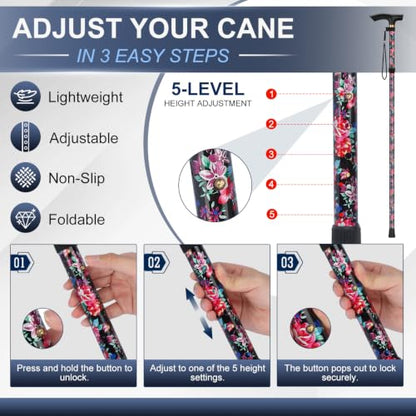 supregear Folding Cane, 5-Level Adjustable Height Walking Stick Lightweight Collapsible Portable Travel Cane with Wrist Strap and T Handle for Elderly Disabled Men Women - color: Scarlet Red
