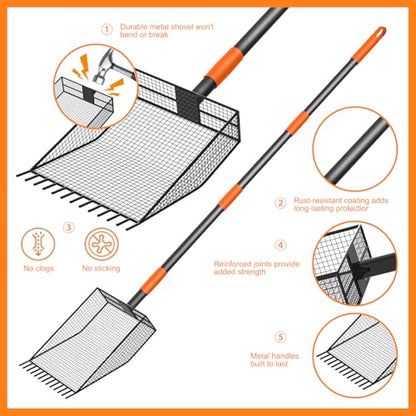 2-in-1 Chicken Poop Scooper & Rake, Heavy Duty Metal Long Handle Poultry Coop Cleaning Tool, Rustproof Manure Shovel with Serrated Edge for Backyard Chicken Ducks