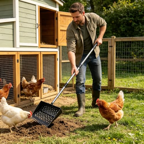 2-in-1 Chicken Poop Scooper & Rake, Telescopic Stainless Steel Handle, Multifunctional Chicken Coop Cleaner for Sand, Bedding and Manure Cleaning