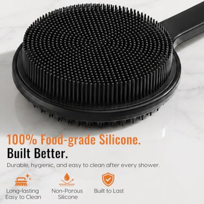 Silicone Back Scrubber for Shower, 17in Lengthen Long Handle Body Brush, Double Sided Shower Brush for Shower Exfoliating and Massage Can Produce Rich Foam, Long Handle Back Scrubber for Men - color: Black
