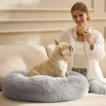 Bedsure Calming Cat Beds Donut Round Washable Kitten Bed,20 inches | Fluffy Faux Fur Cuddler,Anti-Slip Bottom,Anti-Anxiety,Deep Sleeping for Cats&Small Pets Up to 15 Lbs,Pale Grey - color: Pale Grey, size: 20"L x 20"W x 6"Th