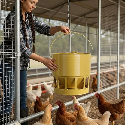 KOL Hanging Chicken Feeder – 20lbs Metal Chicken Feeder No Waste, Adjustable Poultry Feeder with 12 Ports, No Installation & Universal Height Design (Yellow) - color: Yellow